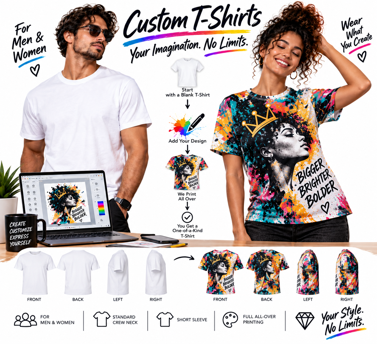 Customizable All-Over Print T-Shirt, T Shirt, Tshirt & Tee – Design Your Own Personalized Full Print Crew Neck Shirt